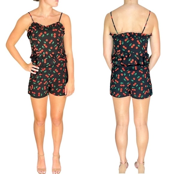 ANTHROPOLOGIE FREE GENERATION CHERRY RUFFLE PEPLUM CAMI HIGH WAISTED SHORT SET - Picture 2 of 16